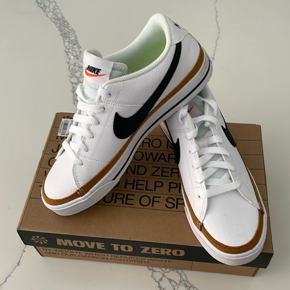 Nike Court Legacy White Sneakers with Brown and Black Accents